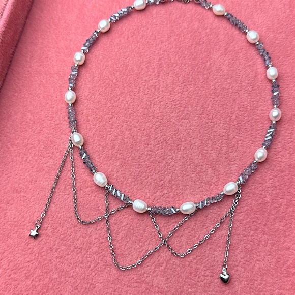 Trendy Pearl & Blue Crystal Necklace with Silver Chains and Cute Charms - Picture 4 of 5